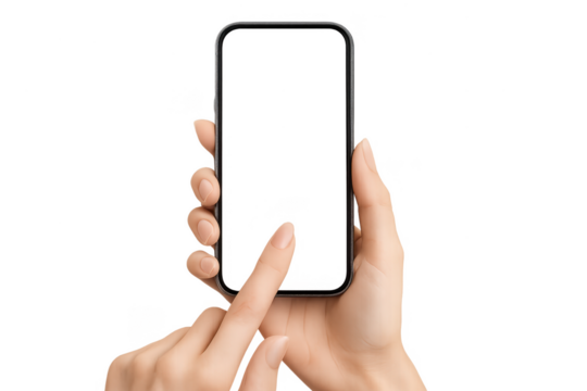 Hands holding a smartphone with blank screen, isolated on transparent background