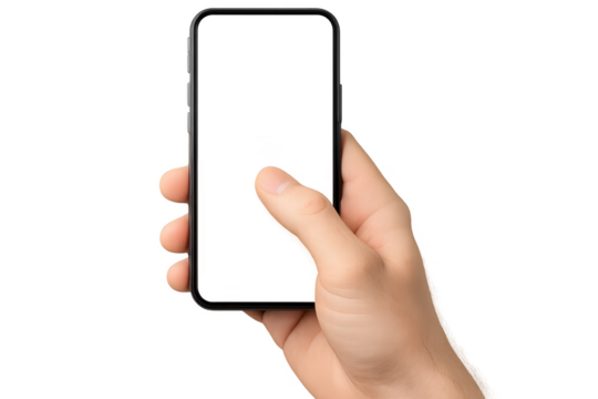 Isolated hand holding smartphone with blank screen on transparent background - Powered by Adobe