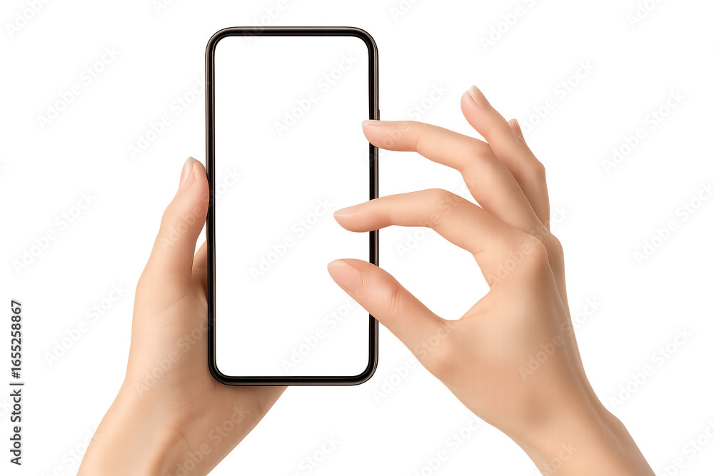 Poster hands holding a smartphone with pinch-to-zoom gesture on transparent background