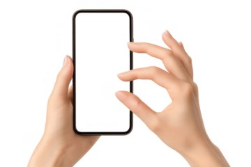 Hands holding a smartphone with pinch-to-zoom gesture on transparent background