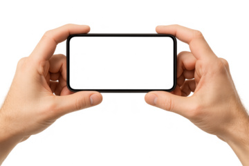 Hands holding black smartphone horizontally isolated on transparent background
