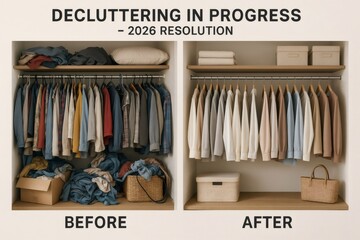 Closet organization project showing a messy wardrobe before and a tidy, decluttered space after, promoting order and efficient storage
