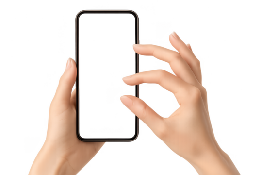 Hands holding a smartphone with pinch-to-zoom gesture on transparent background