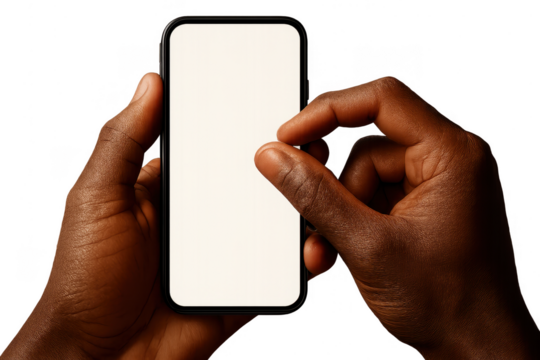 Hands holding and interacting with smartphone, transparent background