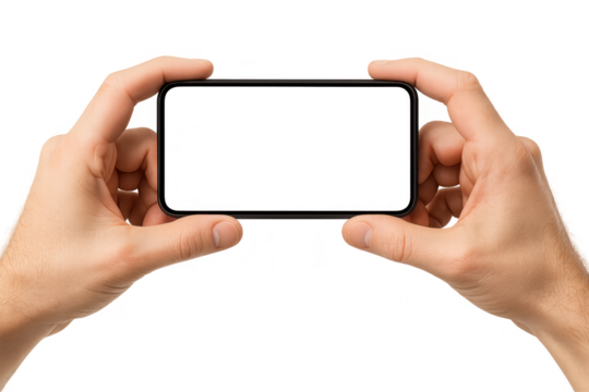 Hands holding black smartphone horizontally isolated on transparent background