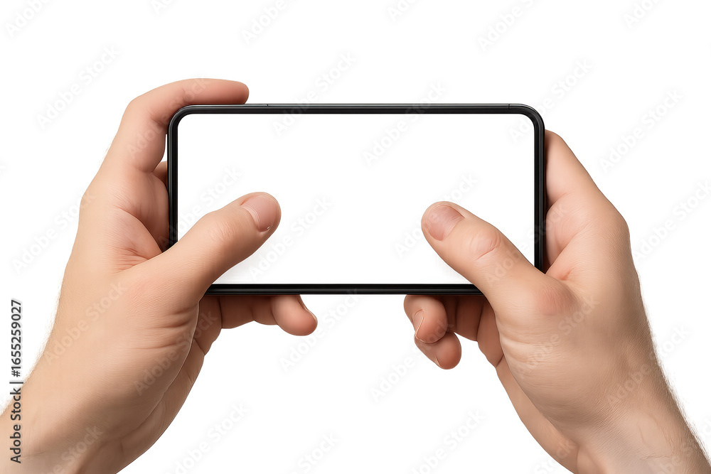 Poster hands holding a horizontal smartphone with blank screen, isolated on transparent background