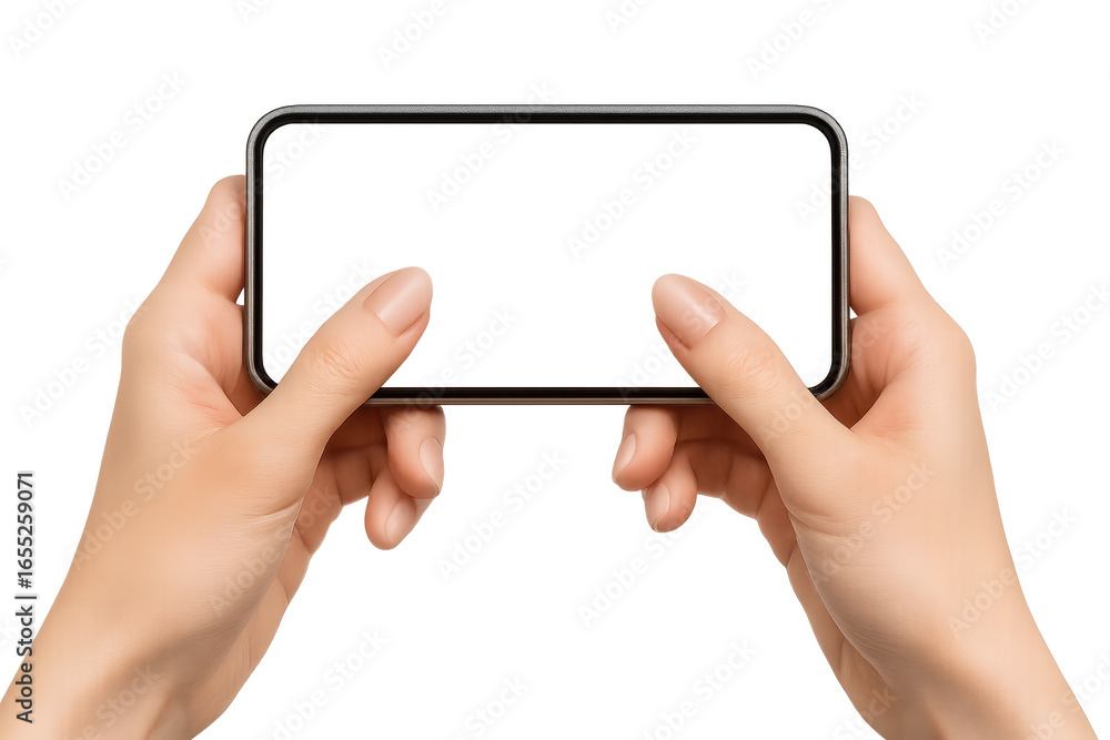Poster hands holding a smartphone horizontally with empty screen, isolated on transparent background.