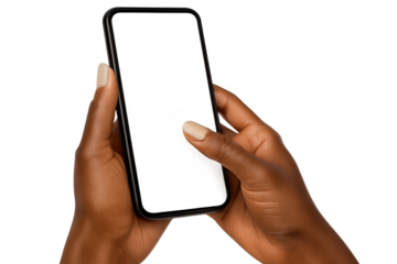 Female hands holding modern smartphone, isolated on transparent background.