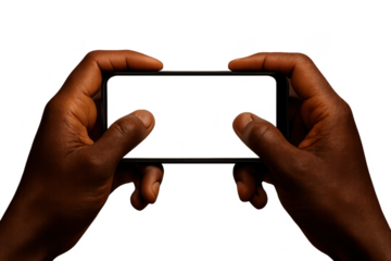 Dark-skinned hands holding a smartphone for gaming, isolated on transparent background