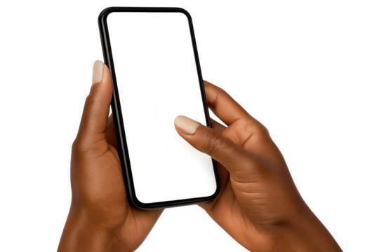 Female hands holding modern smartphone, isolated on transparent background.