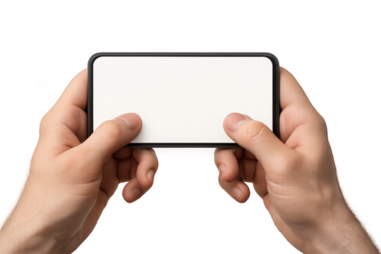 Hands holding smartphone, blank screen, isolated transparent background.
