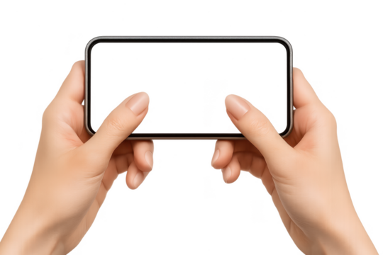 Hands holding a smartphone horizontally with empty screen, isolated on transparent background.