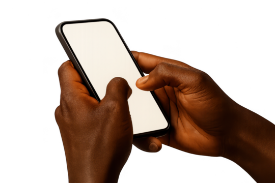 Hands holding phone, blank screen, isolated on transparent background.