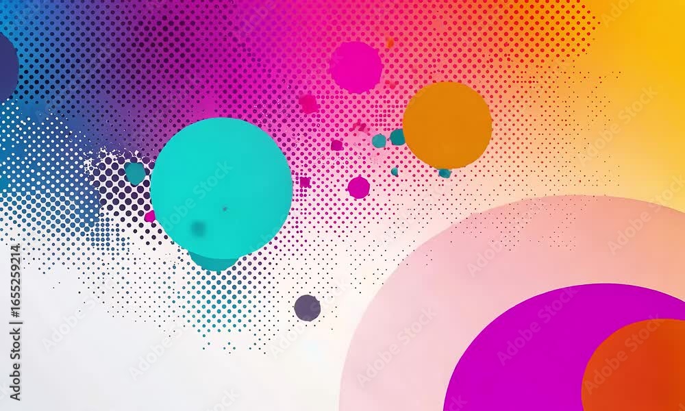 Poster vibrant abstract circles and halftone dots in dynamic motion graphics animation.