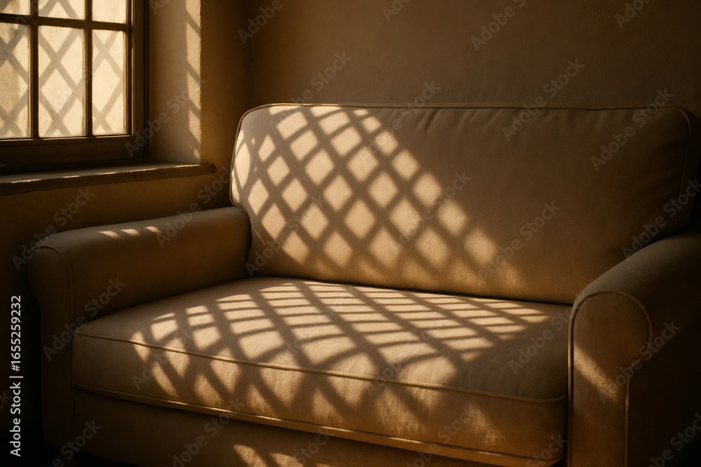 Poster warm sunlight streams through a lattice window, casting decorative shadows on a comfortable sofa in 