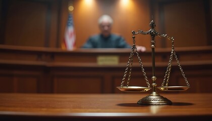 Judge in a courtroom, with scales of justice near the bench. American flag visible in background. Legal proceedings, justice system, law and order concepts.