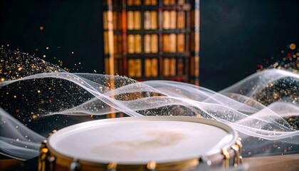 A drum kit centerpiece, elegantly showcased against a dark backdrop, highlighted by flowing white fabric and gold glitter.