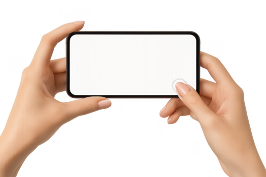 Hands holding modern smartphone with blank white screen, isolated on transparent background
