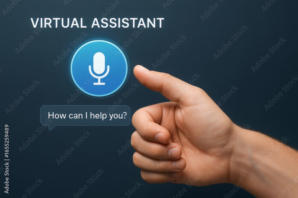 Poster hand interacting with virtual assistant on digital interface, activating voice command function for 