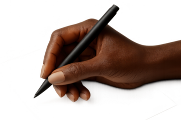 Dark-skinned hand holding a black stylus for writing, isolated on transparent background