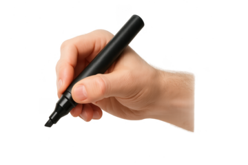 Hand holding black marker ready to write, isolated on transparent background