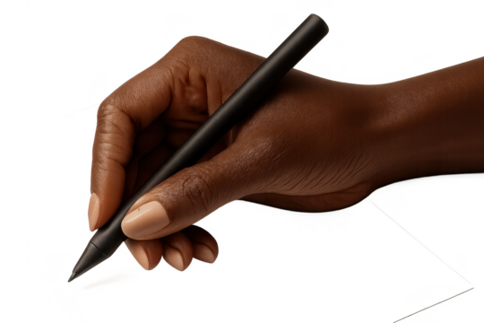 Human hand holding a black digital stylus, isolated on transparent background.