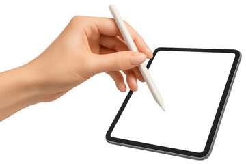 Hand holding stylus on tablet, isolated on a transparent background