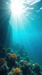 Vibrant Underwater Coral Reef with Sunlight Rays Illuminating the Ocean Floor