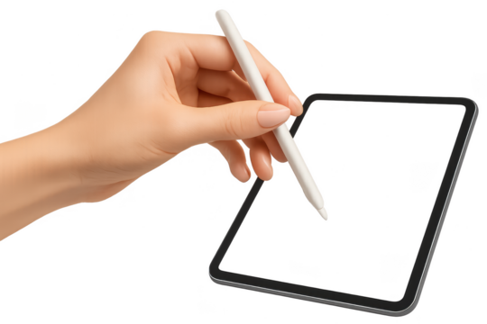 Hand holding stylus on tablet, isolated on a transparent background