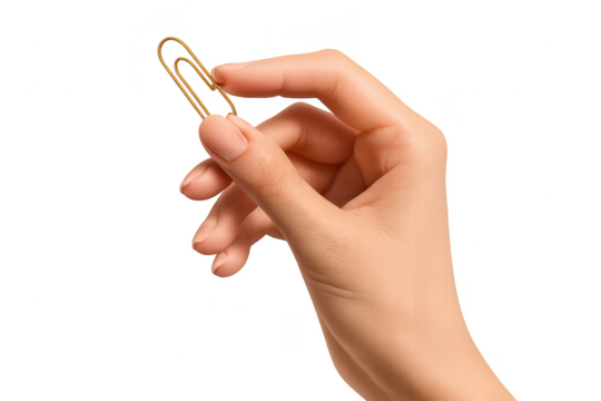 Hand holding a golden paperclip isolated on transparent background, studio shot