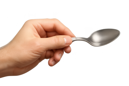 Isolated hand holding a polished stainless steel spoon on transparent background - Powered by Adobe