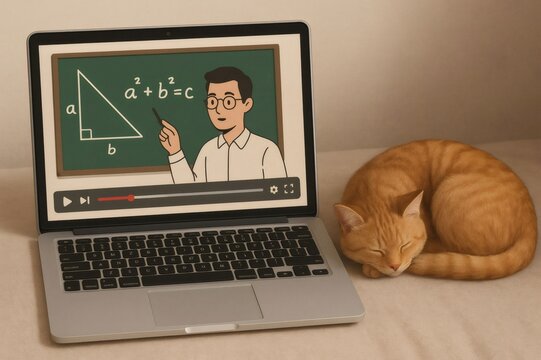 Orange cat sleeping peacefully next to a laptop computer playing a video lesson about the Pythagorean theorem - Powered by Adobe