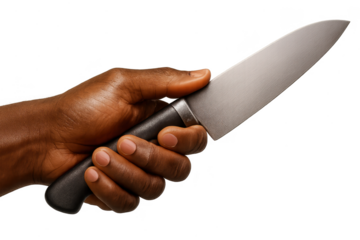 African American hand holding a shiny chef's knife, isolated on transparent background.
