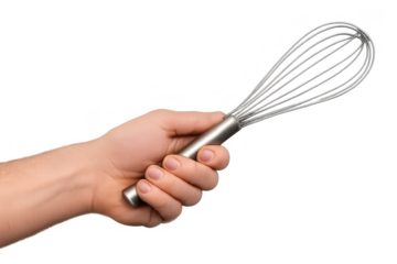 Hand holding a metal whisk isolated on a transparent background, studio shot
