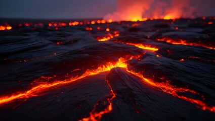 Obraz premium Fiery Lava Flowing Across a Dark Landscape Under a Smoky Sky