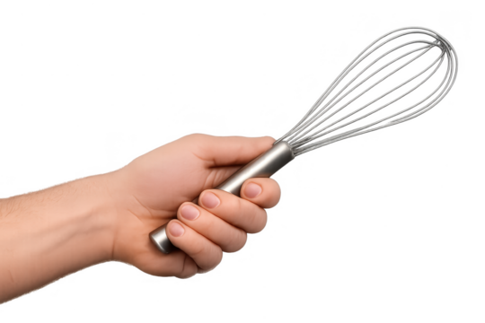 Hand holding a metal whisk isolated on a transparent background, studio shot