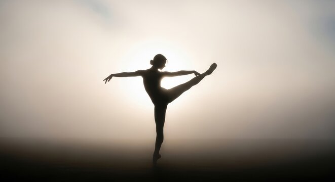 Silhouette of female ballet dancer performing in misty sunrise