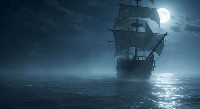 A ghostly ship sailing through a moonlit, misty sea, its tattered sails catching an ethereal glow