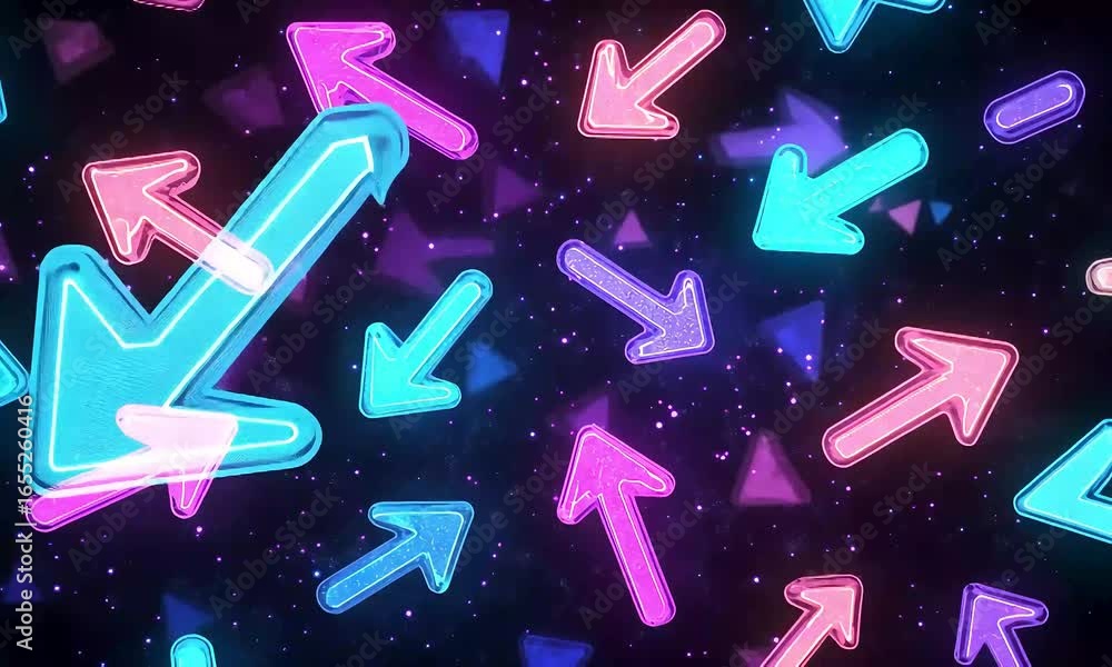 Poster vibrant pink and cyan neon arrows floating dynamically through a starry cosmic void.