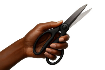 Close-up of a hand holding black office scissors isolated on a transparent background.