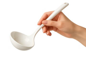 Human hand holding a white kitchen ladle isolated on transparent background, close-up