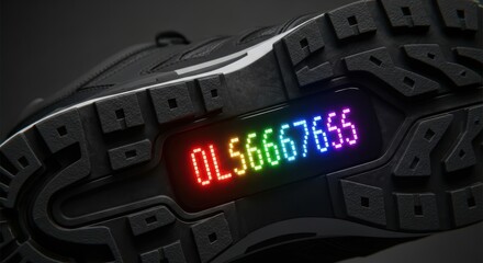 Rainbow digital display on sneaker sole reflecting numbers in multicolor light