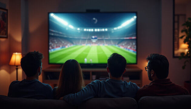 Friends Enjoying a Soccer Match at Home, Relaxed Atmosphere with a Large TV Displaying a Stadium Scene