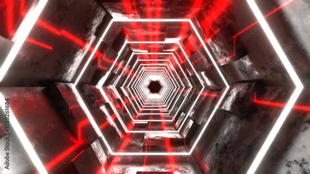 Poster a futuristic hexagonal tunnel illuminated by glowing red and white neon lights, creating an abstract