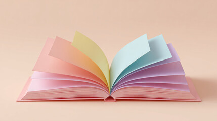 illustration of open blank storybook with pastel-colored pages on seamless light background, clean educational children's theme
