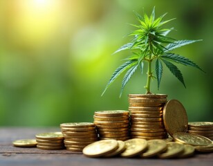 Green cannabis plant sprouts from stacks of gold coins. This symbolizes financial growth, investment, and opportunity in the cannabis industry. Represents profitability, wealth, and sustainability.
