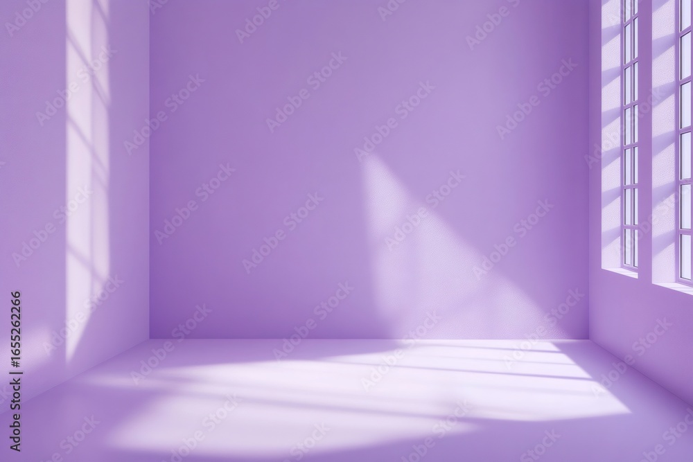 Poster light streaming through windows casts intricate shadows on vibrant purple walls within a spacious, e
