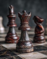 Close-up of handcrafted wooden chess pieces on a marble board, king and rook in focus, rich textures and subdued tones