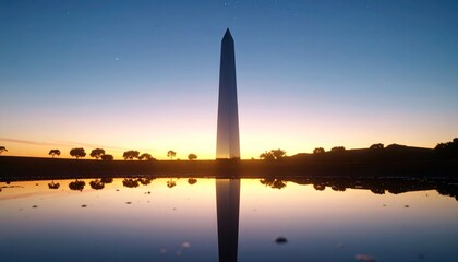 Obraz premium Washington Monument Reflecting in Water at Sunrise with Silhouette.