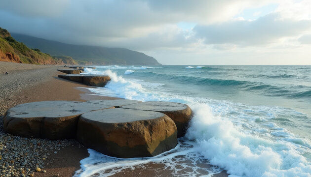 Scenic Coastal View with Unique Rock Formations and Gentle Waves at Sunset